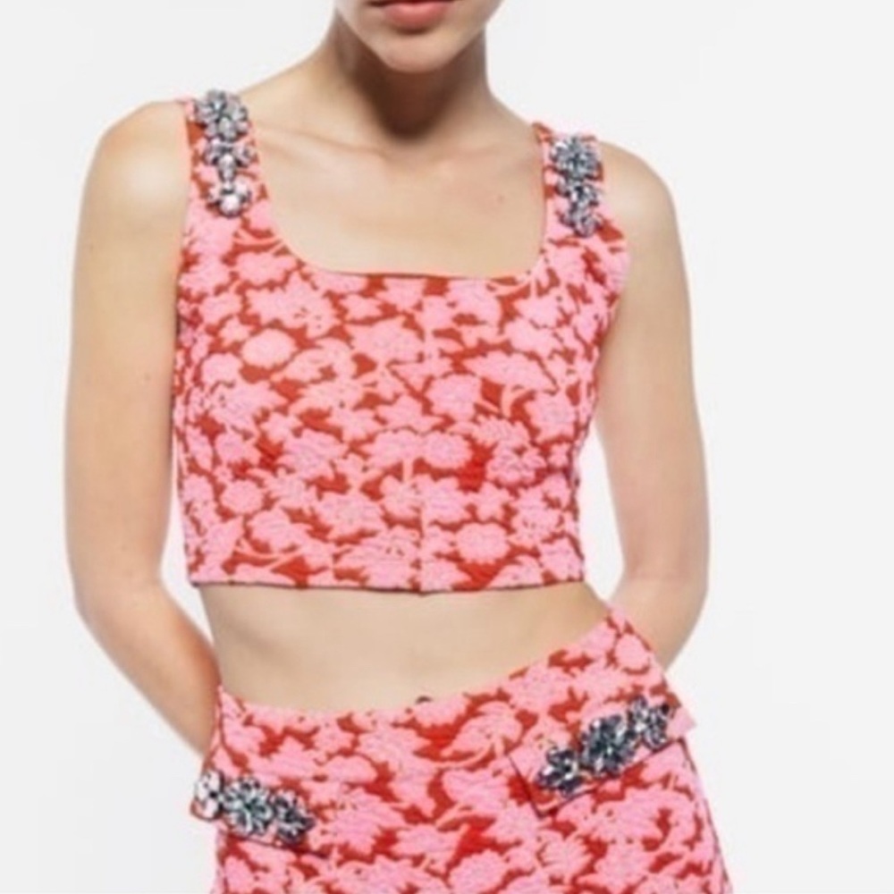 Zara red and pink floral crop top